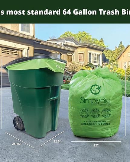 Simply Bio 60-65 Gallon Compostable Trash Bags Liners Flat-Top, Heavy Duty Extra Thick 2 Mil, 242.27 Liter, 12 Bags, Lawn, Yard, and Restaurant Use, ASTM D6400, US BPI, OK Compost Home Certified