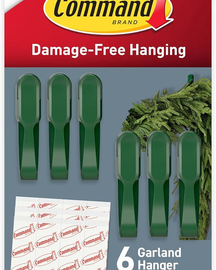 Command Garland Holder, Fireplace Mantle Garland Holder for Displaying Garlands, Wreaths, and Holiday Decor Without Leaving Damage, Holes, or Residue, Holds 2lbs, Green, 6 Pack