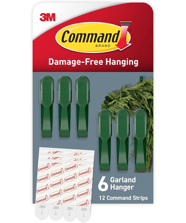 Command Garland Holder, Fireplace Mantle Garland Holder for Displaying Garlands, Wreaths, and Holiday Decor Without Leaving Damage, Holes, or Residue, Holds 2lbs, Green, 6 Pack