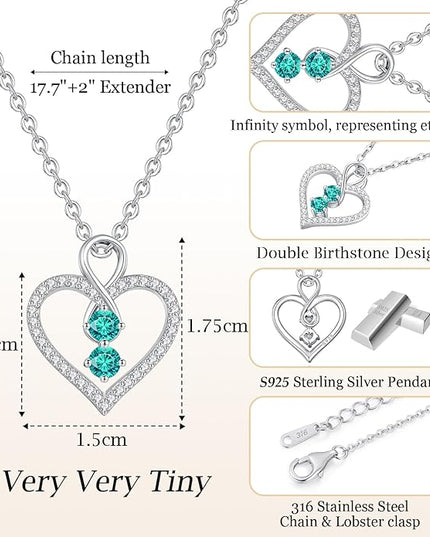 LOUISA SECRET Infinity Double Birthstone Necklace, 925 Sterling Silver Tiny Pendant Heart Necklace for Women Wife Her, Best Jewelry Gift Heart Jewelry Meaningful Gift for Valentine's Day, Christmas, Birthday Anniversary