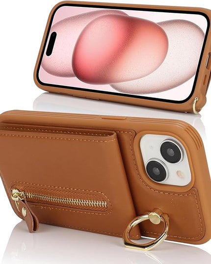 for iPhone 15 Wallet Case with Card Holder, for iPhone 15 Case Wallet with Strap Credit Card Slot, Crossbody Bag with Zipper Case for iPhone15 - Brown