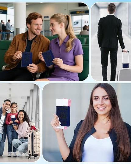 Passport Holder for Travel, RFID Blocking Passport Cover with Pen Holder Leather Passport Wallet Case Travel Must Haves Accessories Passport Book Card Holder for Family Travel Essentials, Dark Blue
