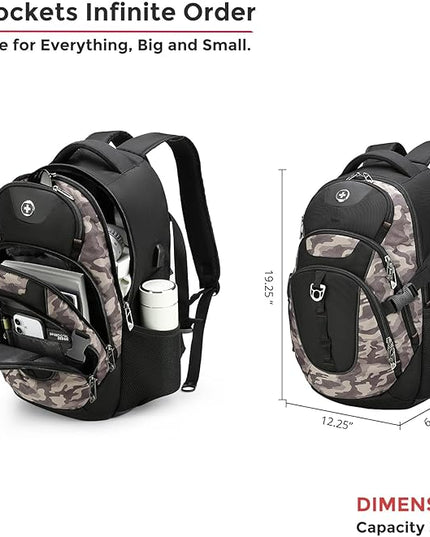 Swissdigital Design Laptop Backpack with USB Charging Port, Travel Backpack Fits 15.6 inches Computer, 31L College School Backpack for Men, Khaki Camo | SD803-94