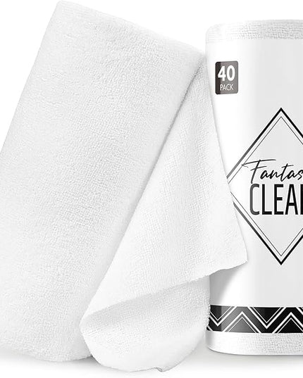 Fantasticlean Microfiber Cleaning Cloth Roll -40 Pack, Tear Away Microfiber Towels, 12" x 12", Reusable, Washable, Scratch Free, Ultra Absorbent Dishcloth for All-Around Cleaning Supplies (White)