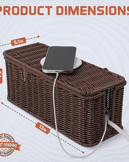 Cable Management Box, Handmade Rattan Cable Organizer with 2 Open Slots, Cord Hider for Power Strip, Router & USB Hub, Registered U.S. Design Patent (D1,112,102), 13" x 5.1" x 5.1", Brown