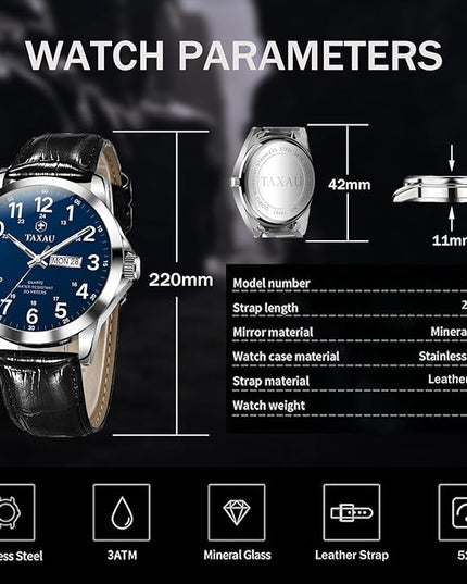 Men's Watches Leather Band Stainless Steel Quartz Analog Watch Luxury Waterproof Watches for Men Dress Men's Wrist Watch with Day Date Arabic Numeral Relojes para Hombre