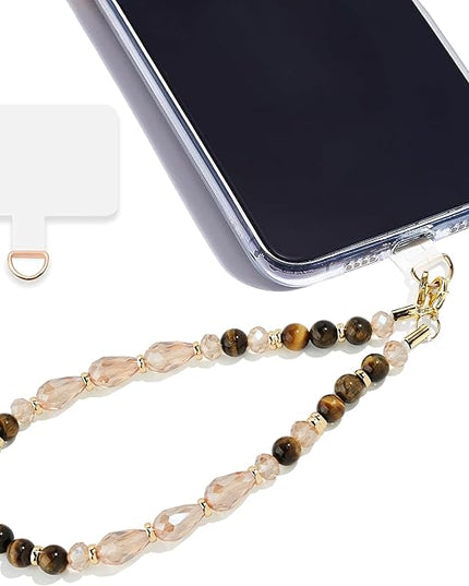 Marble Beaded Phone Wrist Strap,Detachable Phone Bracelet Strap with Tether Tab,Hands-Free Wristlet Strap (Tiger Eyes Crystal)