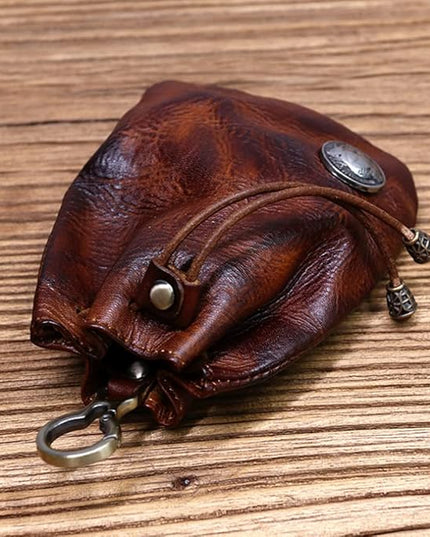 Wugebud 1 Pcs Leather Mini Medieval Pouch Keychain, Coin Organizer, Change Holder, Leather Drawstring Pouch for Men & Women