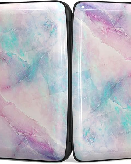 Atufsuat Credit Card Holder, Mini Aluminum Card Wallet RFID Blocking Slim Metal Hard Card Case for Women Men, Colorful Marble