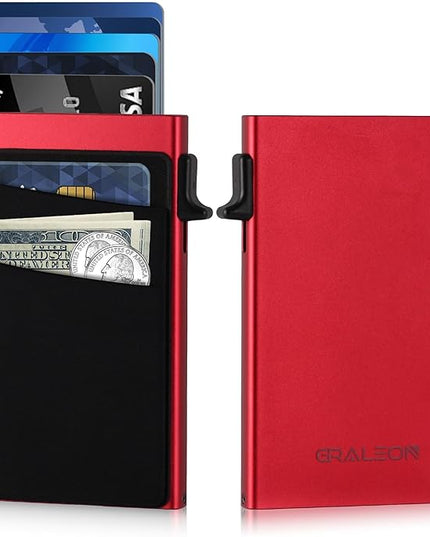 GRALEON Slim Card Holder Wallet for Men with 12 Card Slots,RFID Blocking Pop Up men's wallet,Metal Wallet with Superelastic Material Expandable Front Pocket Perfectly holds cards,bills,and coins(red)