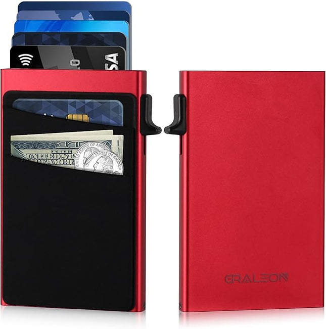 GRALEON Slim Card Holder Wallet for Men with 12 Card Slots,RFID Blocking Pop Up men's wallet,Metal Wallet with Superelastic Material Expandable Front Pocket Perfectly holds cards,bills,and coins(red)