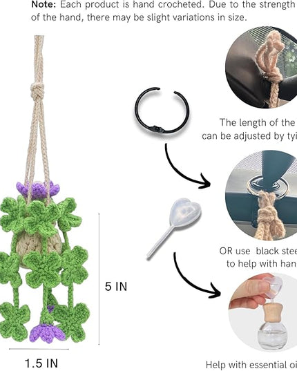 Handmade Crochet Hanging Car Air Freshener - Lucky 4-Leaf Clover Charm with 12ml Refillable Glass Essential Oil Diffuser Bottle, St. Patrick's Day Car Accessories & Bedroom Lucky Decor