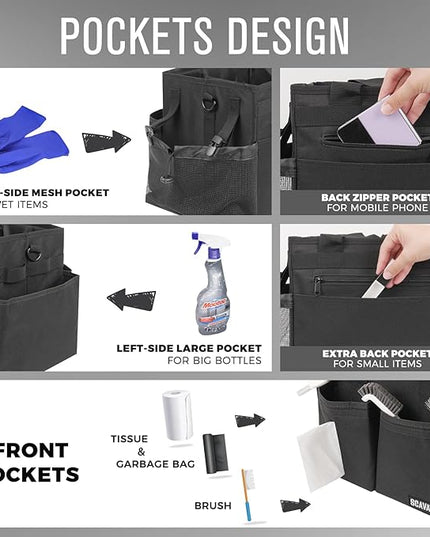 Compact Wearable Cleaning Caddy, Small Supplies Organizer with Handle & Shoulder Straps for Housekeepers, Under Sink & Car Cleaning Tool Organizer Bag (Black)