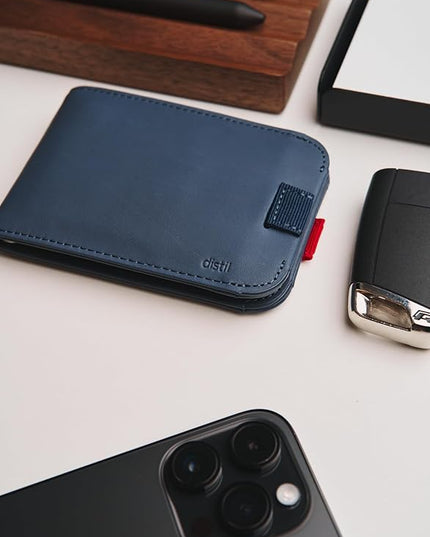 Distil Union Wally Bifold 5.0 RFID Wallet - No ID Window - Slim Bifold Wallet for Men with Money Clip, Premium Leather – Minimalist RFID Card Holder - Holds 14 Cards & 30 Bills - Navy