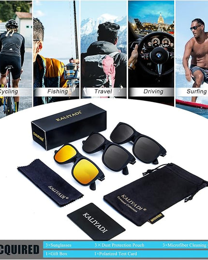 KALIYADI Sunglasses Men Polarized Sun glasses for Mens Womens Classic Matte Black Frame UV Protection 3pack