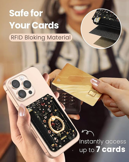 Shorogyt Compatible with Magsafe Wallet with Grip Magnetic Card Holder - Cute Phone Wallets with Ring Stand for iPhone 17/16/15/14/13/12 Series for Women Girls Retro Flower Design, Fit 7 Cards