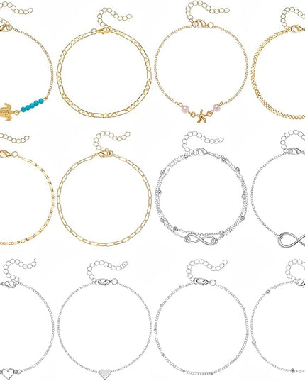 Starain 12Pcs Summer Beach Anklets for Women Waterproof Gold Silver Chain Ankle Bracelets Cute Women's Foot Anklet Set 7.9-10.5 inch Adjustable