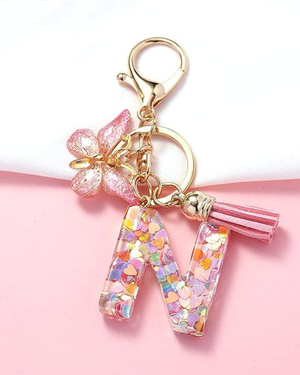 Fashion Alphabet Initial Letter Keychain Tassel Butterfly Pendant Key Ring for Purse Handbags Women Girl