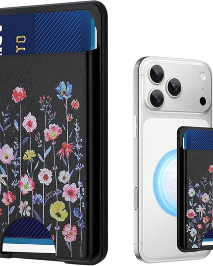 Stronger Magnetic Card Slot Wallet for iPhone 17/16/15/14/13/12 Series (Not for 13/12 Mini), Flower Pattern Hard Card Holder Fit 3 Cards Compatible with Magsafe Accessories, Black
