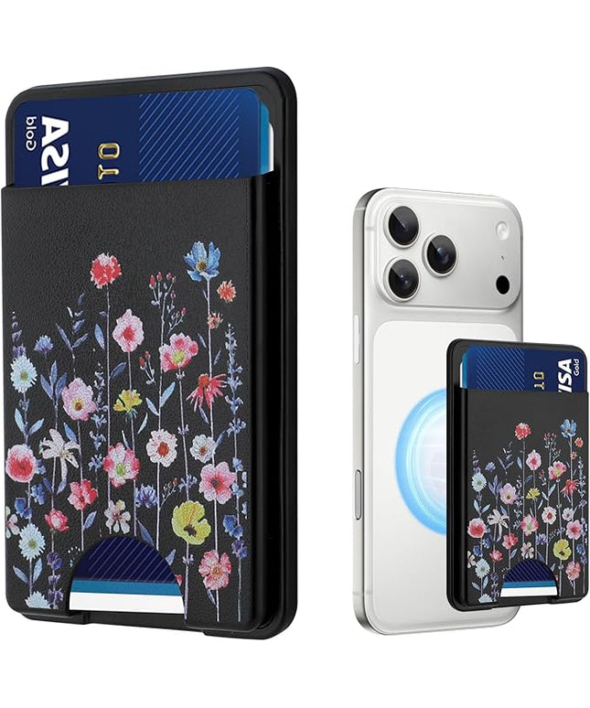 Stronger Magnetic Card Slot Wallet for iPhone 17/16/15/14/13/12 Series (Not for 13/12 Mini), Flower Pattern Hard Card Holder Fit 3 Cards Compatible with Magsafe Accessories, Black