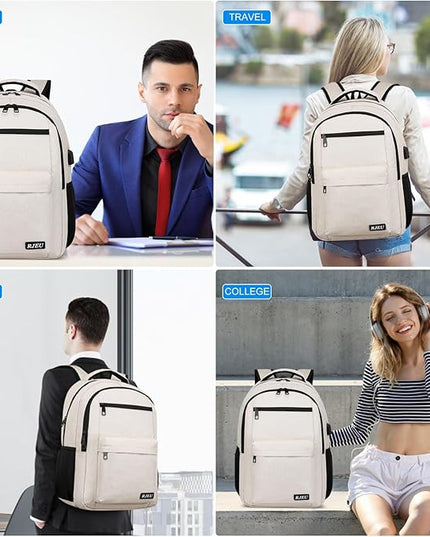 School Backpack for Teen Girls, Laptop Backpack 15.6 Inch with USB Charging Port, Sturdy Beige College Bookbag