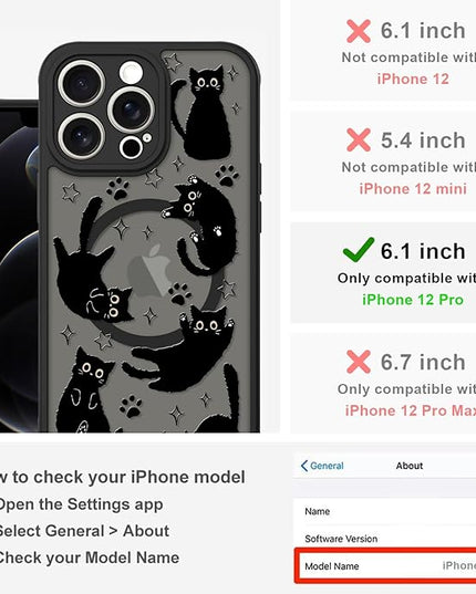Cute Magnetic Case for iPhone 12 Pro Case [ Compatible with MagSafe ] with Black Cat Cats Pattern Design for Women Girls Boys, Soft Bumper Hard Back Kawaii Animal Protective Phone Cover