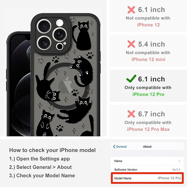 Cute Magnetic Case for iPhone 12 Pro Case [ Compatible with MagSafe ] with Black Cat Cats Pattern Design for Women Girls Boys, Soft Bumper Hard Back Kawaii Animal Protective Phone Cover