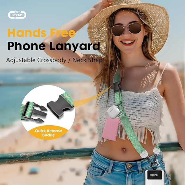 Phone Lanyard Crossbody, Green Tropical Leaves Cell Phone Strap for Around The Neck Adjustable, Teacher Anti Theft Cute Lanyard for iPhone Case ID Holder Keys Accessories Travel Essential