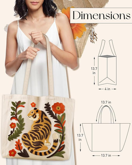 Embroidery Canvas Tote Bag for Women - Reusable Totes with Pocket & Buckle Aesthetic Cute Grocery Shoulder Bag