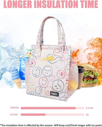 Fmeida Insulated Lunch Bag Women, 6.75L Small Lunch Bags with Multiple Pockets, Reusable Thermal Cooler Tote for Work, Office, Picnic, Travel | Hook and Loop Closure, Smile Face