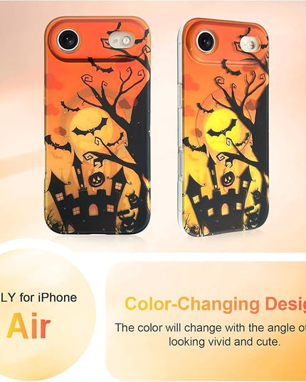 Halloween Case for iPhone Air Case [ Compatible with Magsafe ] Holographic Orange Sky with Black Castle, Bats, Ghosts and Pumpkins Pattern Design, Creative Magnetic Protective Phone Cover
