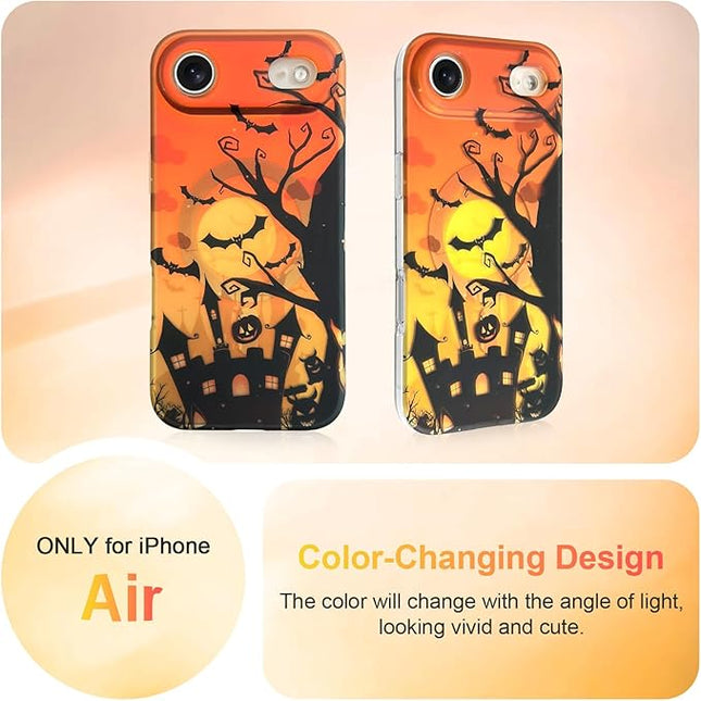 Halloween Case for iPhone Air Case [ Compatible with Magsafe ] Holographic Orange Sky with Black Castle, Bats, Ghosts and Pumpkins Pattern Design, Creative Magnetic Protective Phone Cover