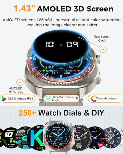 Smart Watch (Answer/Make Call), 1.43" AMOLED-3D Military Smartwatch for Men Women, Flashlight/130+ Sports/60 Days, Heart Rate/Sleep Monitor, IP68 Waterproof Fitness Activity Tracker for Android iOS