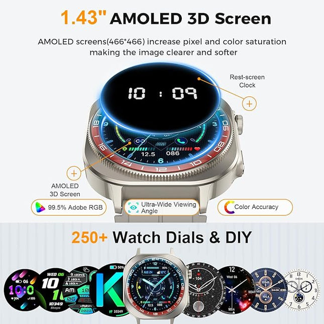 Smart Watch (Answer/Make Call), 1.43" AMOLED-3D Military Smartwatch for Men Women, Flashlight/130+ Sports/60 Days, Heart Rate/Sleep Monitor, IP68 Waterproof Fitness Activity Tracker for Android iOS