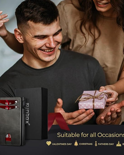 RUNBOX Slim Card Wallet for Men with ID Window – Minimalist RFID Wallet, Pop-Up Function, Ultra Thin Design, Metal Business Card Case Holds 8+ Cards, Gifts for Men, Men's Accessories