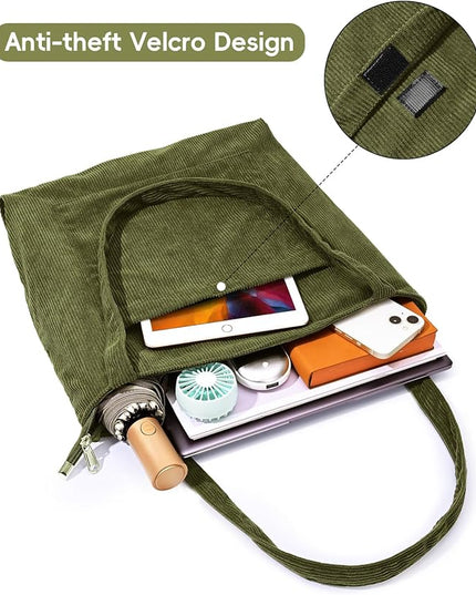 Iioscre Corduroy Tote Bag for Women,Hobo HandBags with Zipper,Large Capacity Casual Shoulder Handbags with Inner Pockets