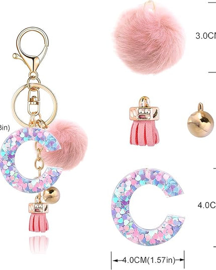 Resin Alphabet Initial Letter Keychain Keyring for Women Purse Handbags With Fur Ball Pom