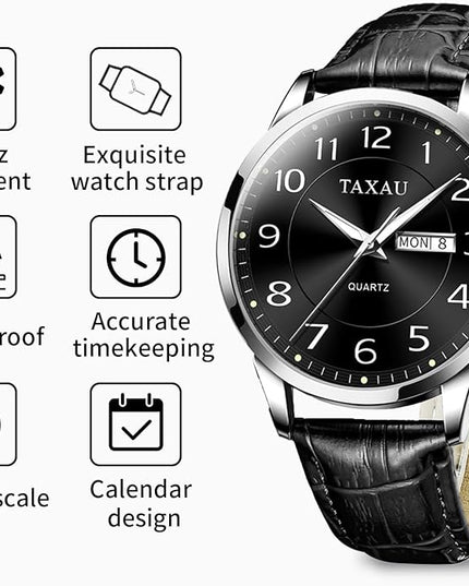 Mens Leather Watch Large Face Classic Quartz Mens Analog Watches Luxury Dress Watches for Men Waterproof Men's Wrist Watch Easy Read with Date Number Dial Relojes para Hombre