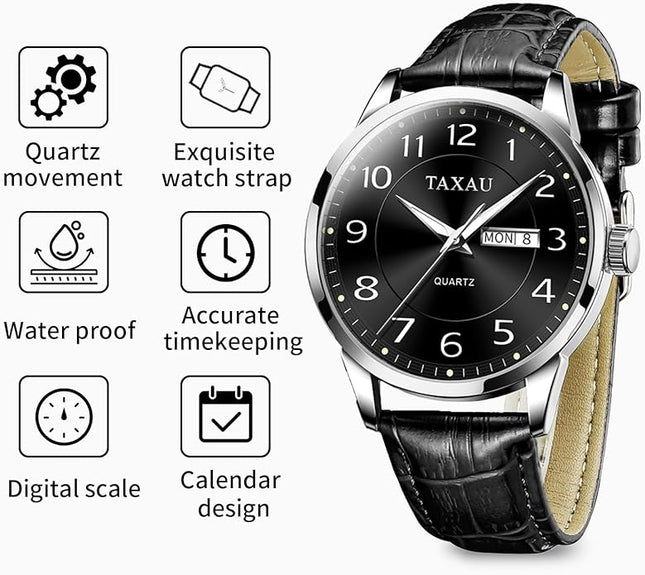 Mens Leather Watch Large Face Classic Quartz Mens Analog Watches Luxury Dress Watches for Men Waterproof Men's Wrist Watch Easy Read with Date Number Dial Relojes para Hombre