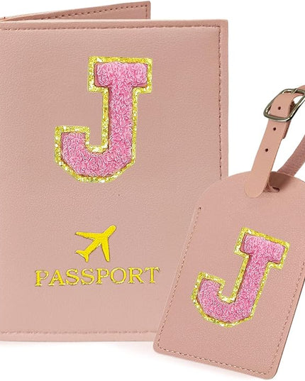 COSHAYSOO Initial Passport Cover Luggage Tag Set Letter Passport Holder Airplane Cruise Travel Essentials Vacation Traveling Accessories Personalized Gifts for Women Teen College Girls Pink J