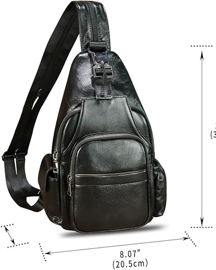 Genuine Leather Sling Bag for Men and Women Handmade Sling Backpack Purse Chest Over Shoulder Crossbody Bag Large Capacity (Black)