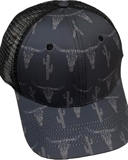 Western Trucker Charcoal Bull Cactus Baseball Cap Outdoor Punchy Mesh Snap Back with Adjustable Fit for Country Wear