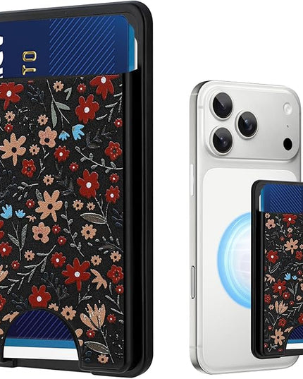 Stronger Magnetic Card Slot Wallet for iPhone 17/16/15/14/13/12 Series (Not for 13/12 Mini), Floral Pattern Hard Card Holder Fit 3 Cards Compatible with Magsafe Accessories, Black