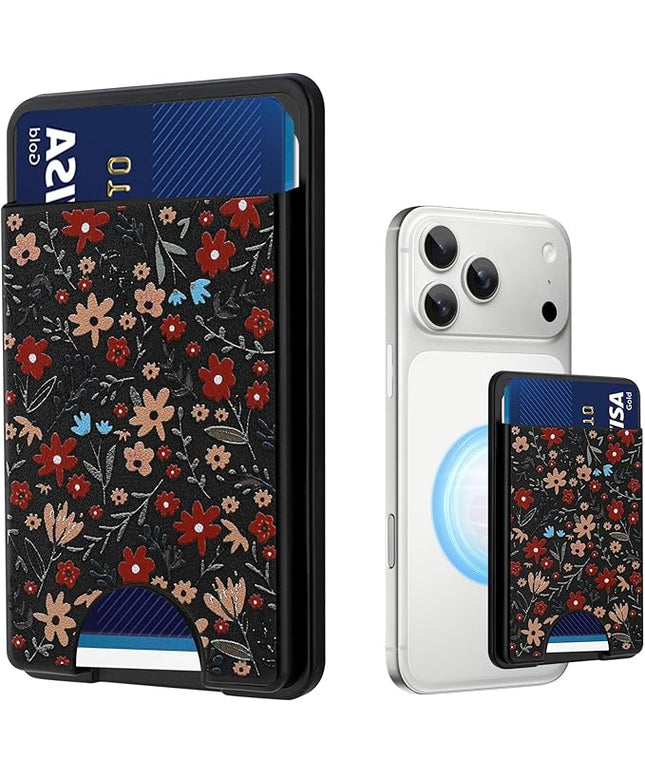 Stronger Magnetic Card Slot Wallet for iPhone 17/16/15/14/13/12 Series (Not for 13/12 Mini), Floral Pattern Hard Card Holder Fit 3 Cards Compatible with Magsafe Accessories, Black
