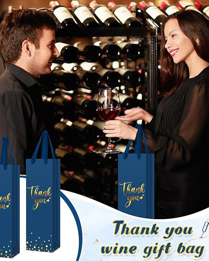 Ctosree 30 Pcs Wine Bottle Gift Bag with Handle 4.3x3.5x13.7 Liquor Paper Bag for Thank You Favor Gold Foil Kraft Whiskey Tote Carrier for Wedding Birthday Bridal Valentine's day Party(Business Blue)