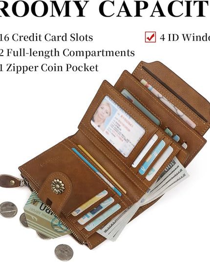 Blucoay Wallet Women,RFID Blocking Leather Womens Wallet Bifold Compact Card Holder Small Wallet for Women with Removable ID Window zsbrown