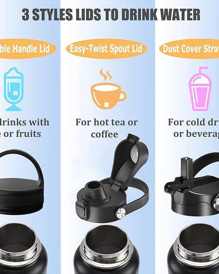 Water Bottle Insulated 32oz 40oz 64oz 128oz Straw Lid Spout Lid & 3 Lids, Leak Proof, Vacuum Insulated,Stainless Steel Water Bottle Wide Mouth for Sports, Gym or Office