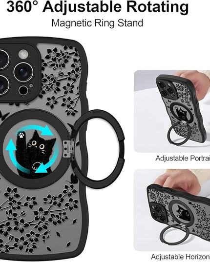 Wavy Case for iPhone 16 Pro Max Case with Stand [Compatible with MagSafe] Cute Black Cat & Floral & Butterflies Pattern Design, Kawaii 360 Magnetic Ring Kickstand Phone Cover for Women Girls