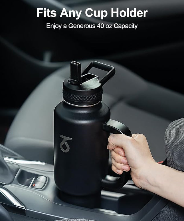 Trebo 40 oz Water Bottle Insulated Fit Car Cup Holder with Handle, Stainless Steel Water Bottles Tumbler with Spout Straw Lids, Double Wall Travel Reusable Flask, Leakproof Mug,Keep Cold &Hot,Black