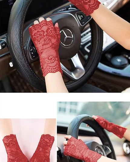 Women's Short Lace Gloves Fingerless for Driving Wedding Wrist Length Bridal Prom Gloves